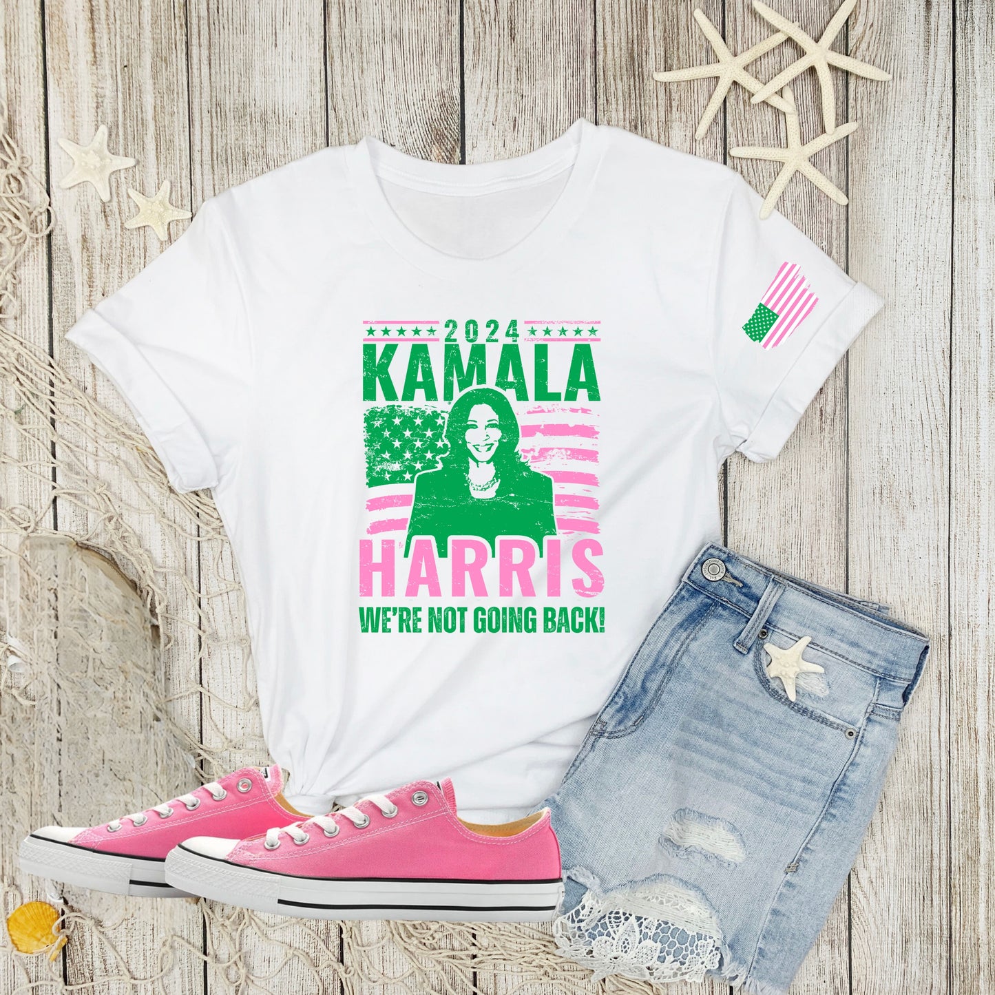 Kamala Harris 2024, election, Vote, democrat tee, US election Madam President, Pink and Green, Cute shirt for women, We're Not Going Back (Copy)